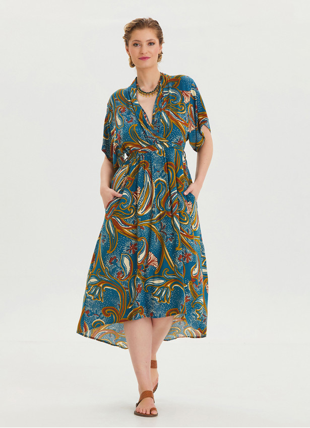 V Neck Gathered Detailed Petrol Floral Dress 4534